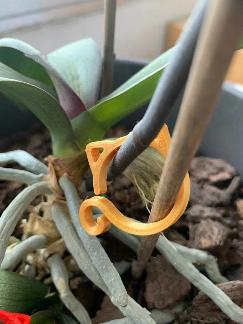 Cat-shaped plastic plant clip in green, red, white, and yellow colour options