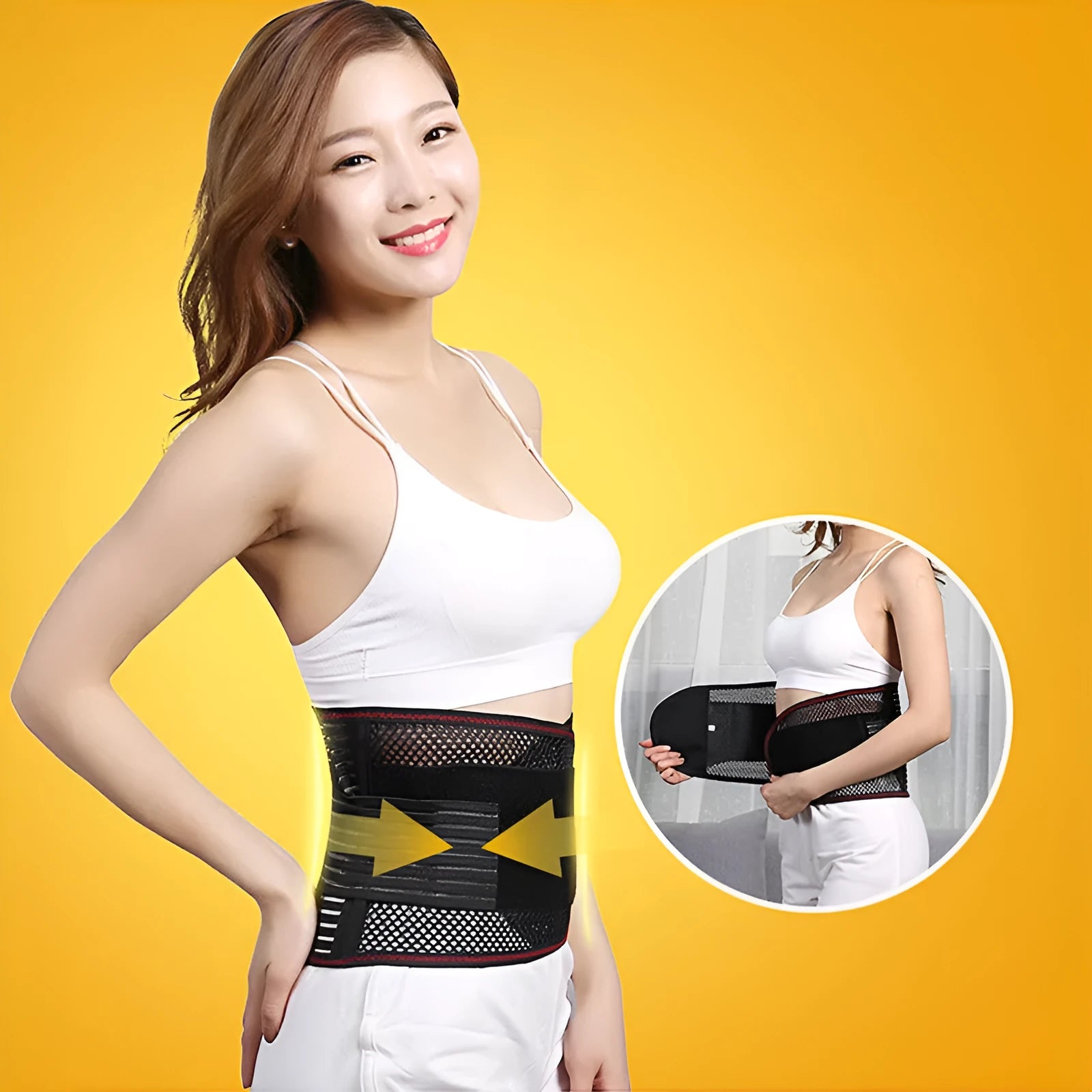 Black breathable sports waist support with internal steel plate for lumbar decompression during fitness and running.