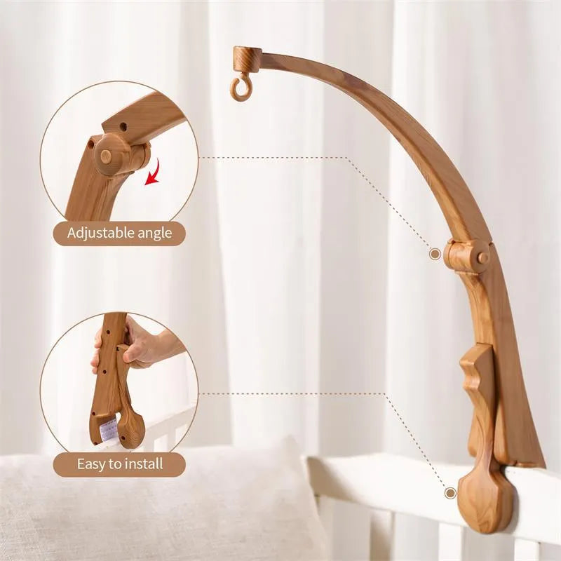Newborn wood grain bracket music box bed bell in brown, foldable plastic, for infant cot use