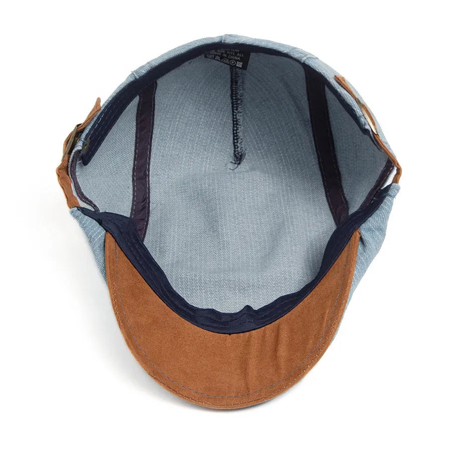 Retro men's casual cotton beret in blue with dome crown and adjustable fit