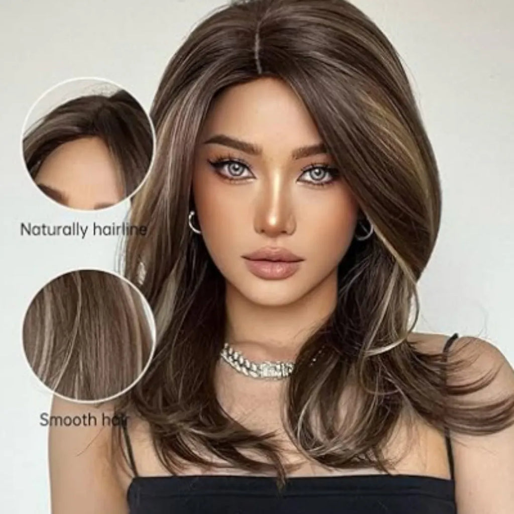 Mid-length platinum gradient colour wig with long curly hair and bangs in synthetic high-temperature fibre