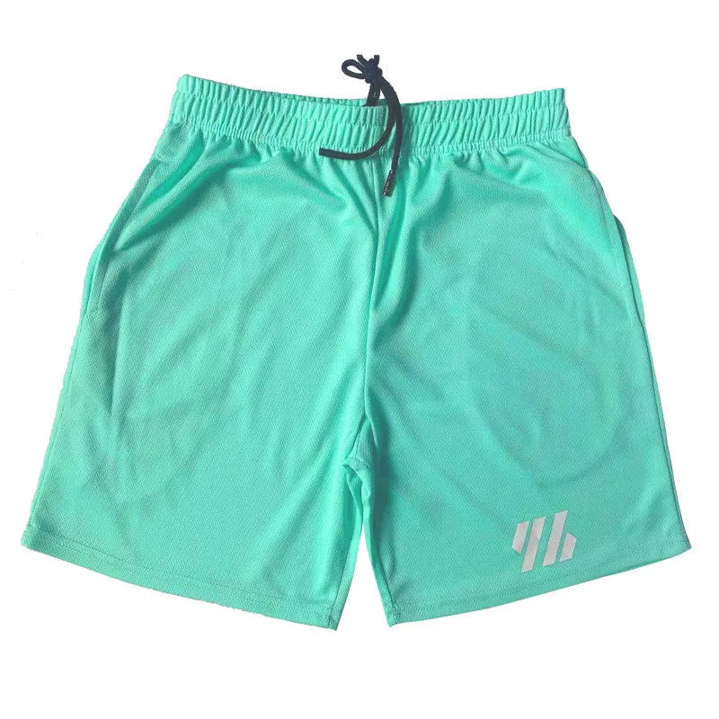 Metal silk fabric sports shorts in loose fit, shown in multiple colours including army green and sapphire blue.
