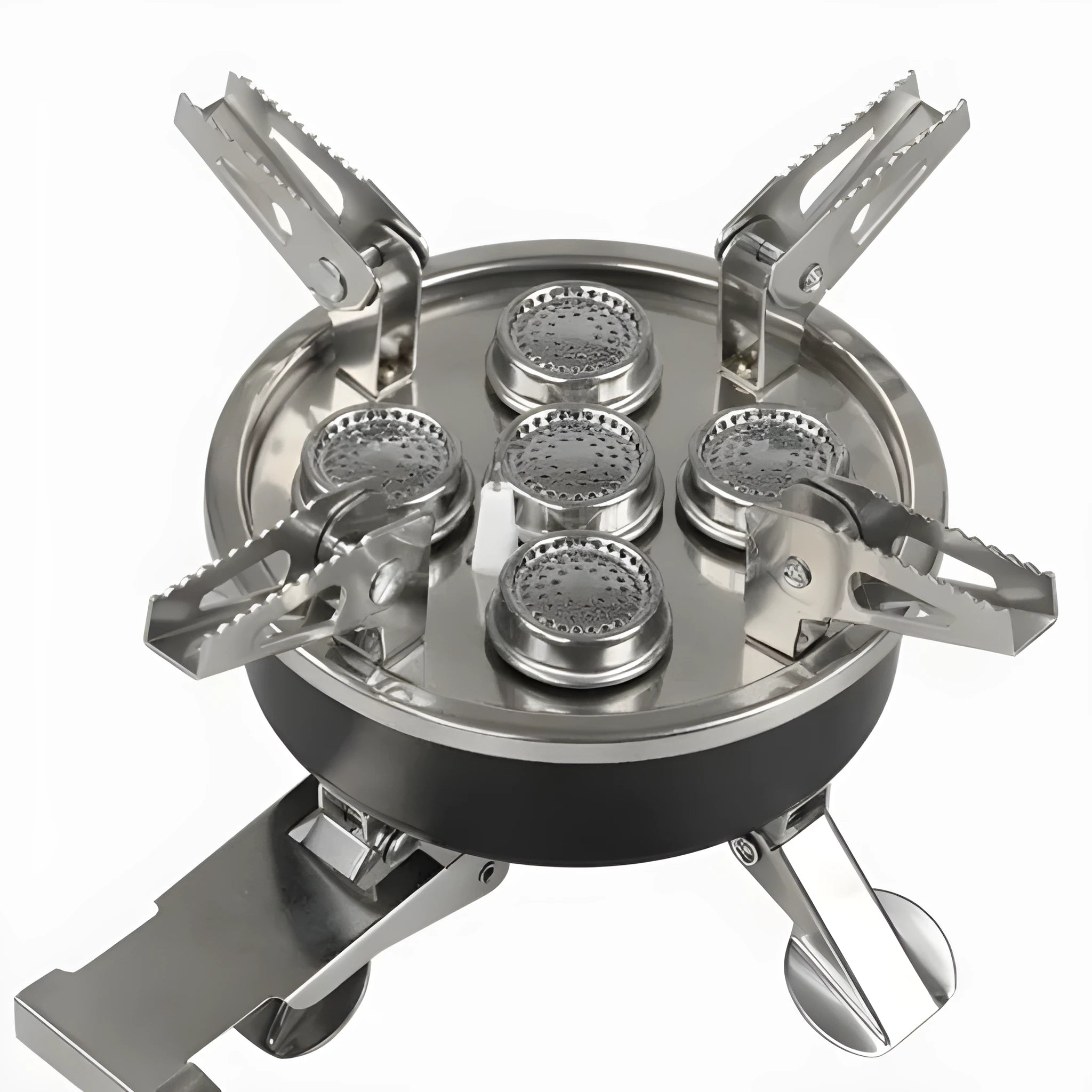 Silver stainless steel split camping stove with foldable design and 100cm gas hose