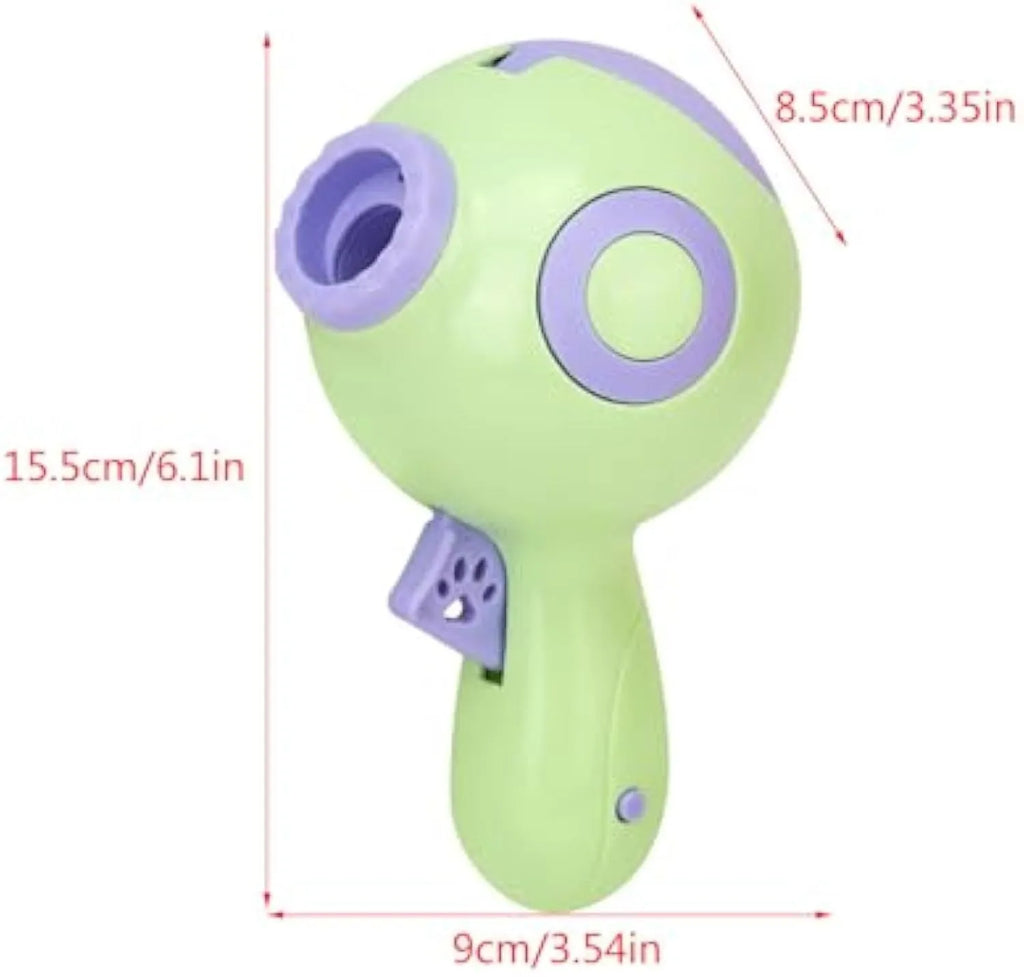 Green, orange or pink dog treat launcher toy measuring 15.5 cm with treat dispensing mechanism