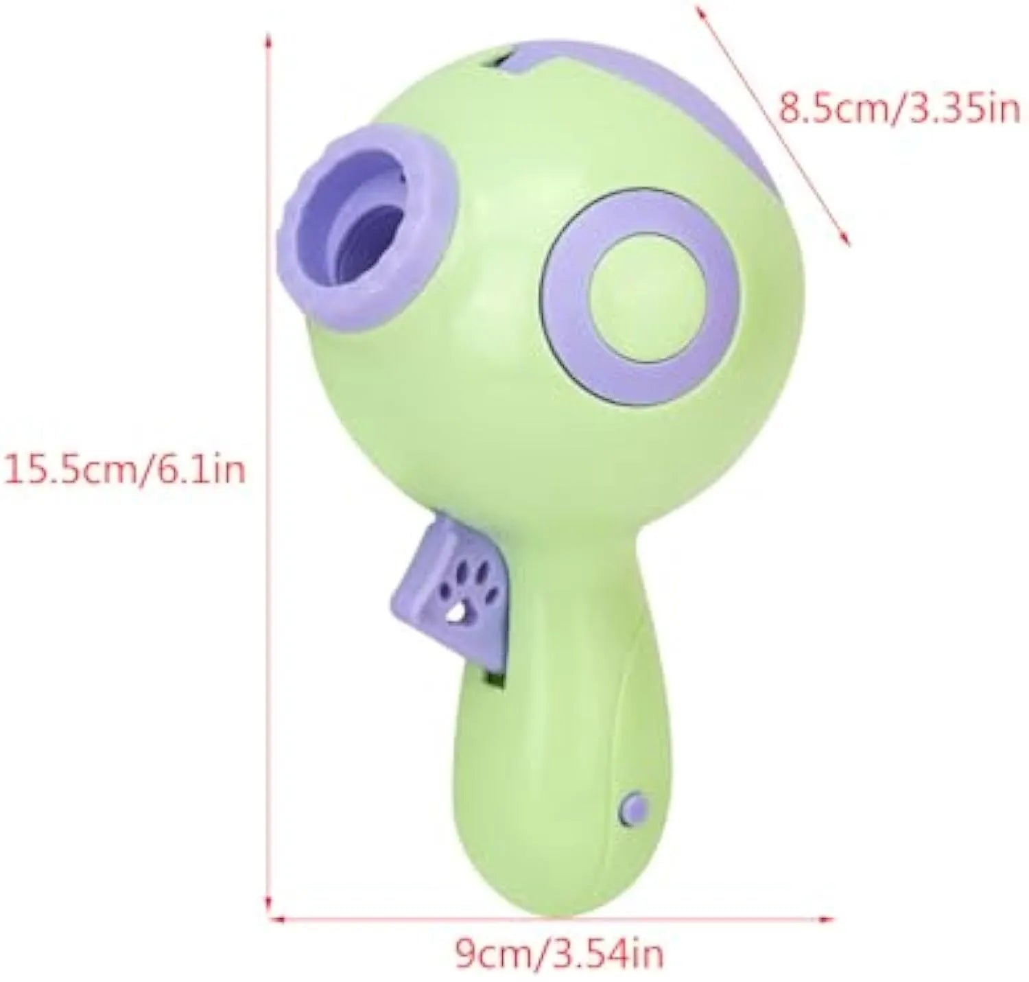 Green, orange or pink dog treat launcher toy measuring 15.5 cm with treat dispensing mechanism