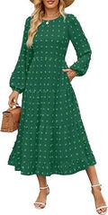 Women's solid colour long sleeve dress with ruffled sleeves and high waist in autumn colours