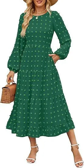 Women's solid colour long sleeve dress with ruffled sleeves and high waist in autumn colours