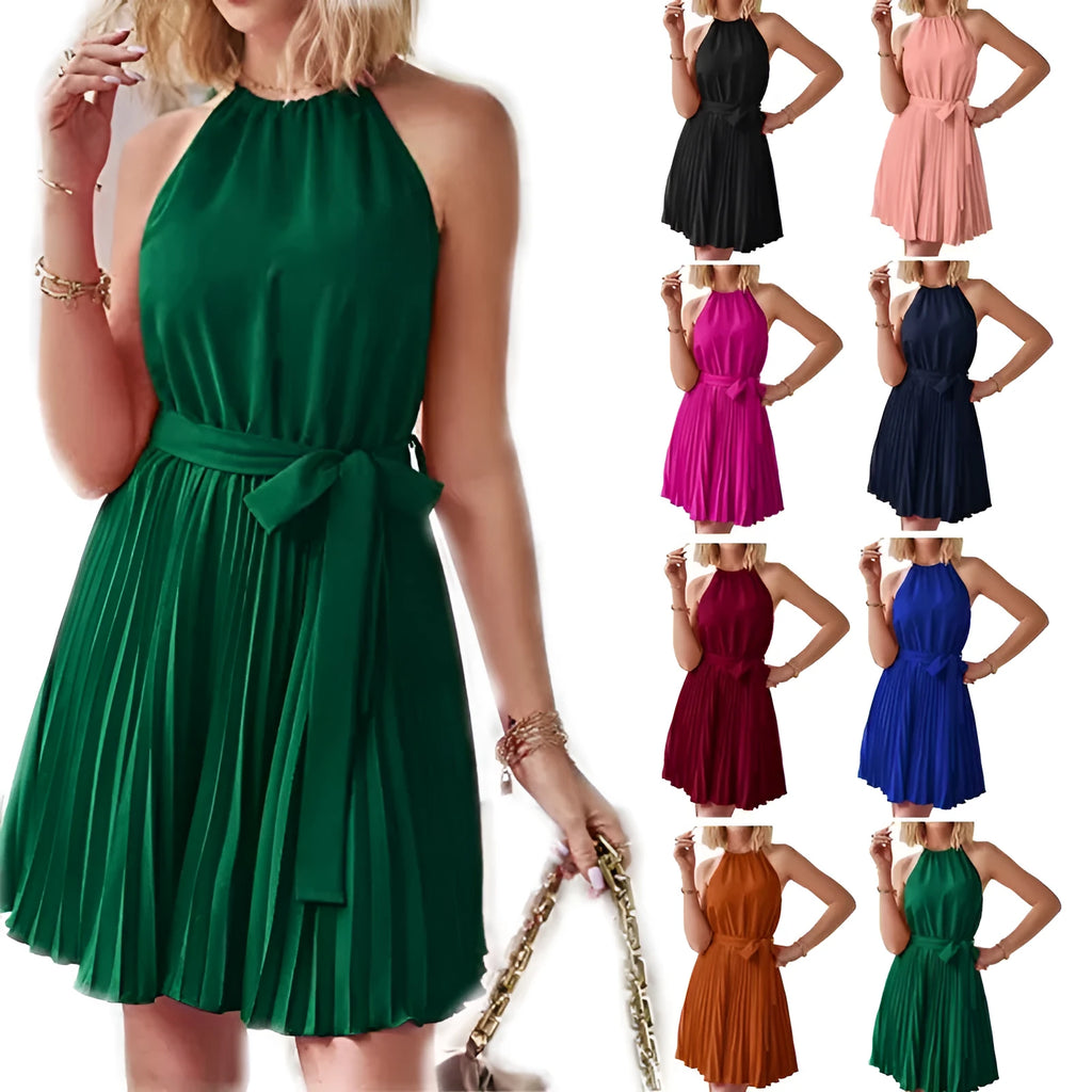 Women's black halter neck strapless sundress with a pleated midi skirt and an adjustable waist belt.