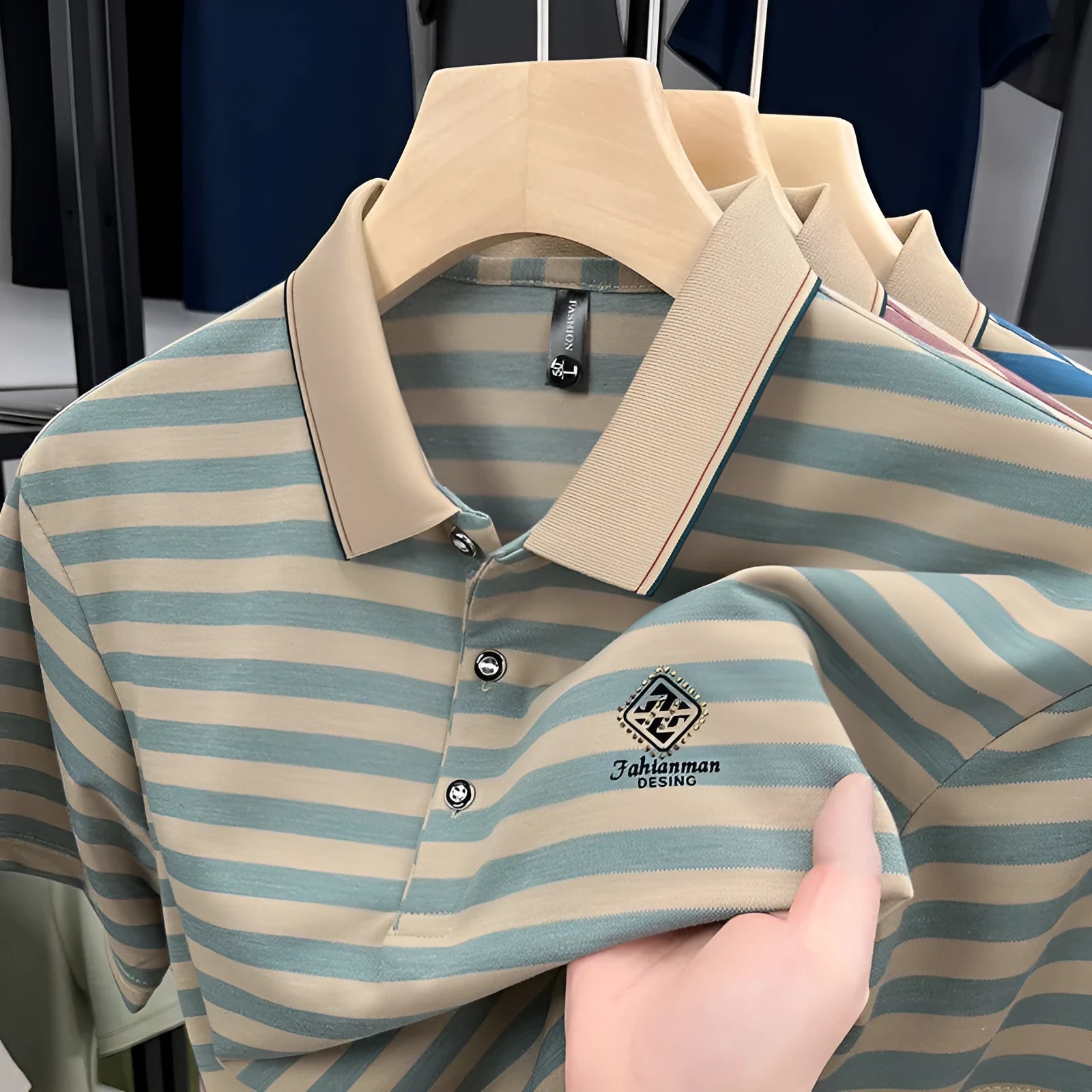 Men's striped casual t-shirt with mosaic pattern detail on short sleeves