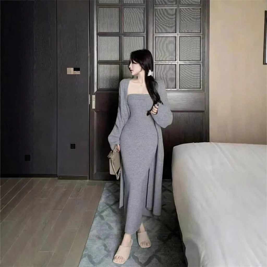 Women's grey knitted cardigan dress and coat two-piece suit set with flocking detail