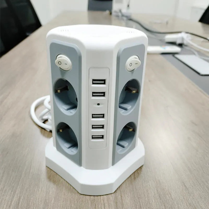 Desktop socket European standard 4 USB socket board in black vertical power strip with 3 sockets and 4 USB ports