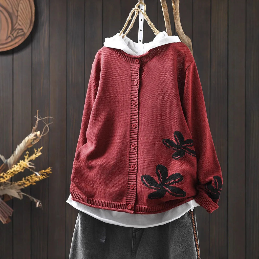 Women's loose retro flower contrasting knit cardigan with button front in khaki, showing long sleeves and floral pattern