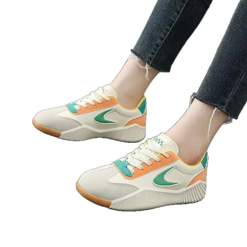Soft leather casual sneaker in beige orange, low top flat heel round toe, with rubber sole