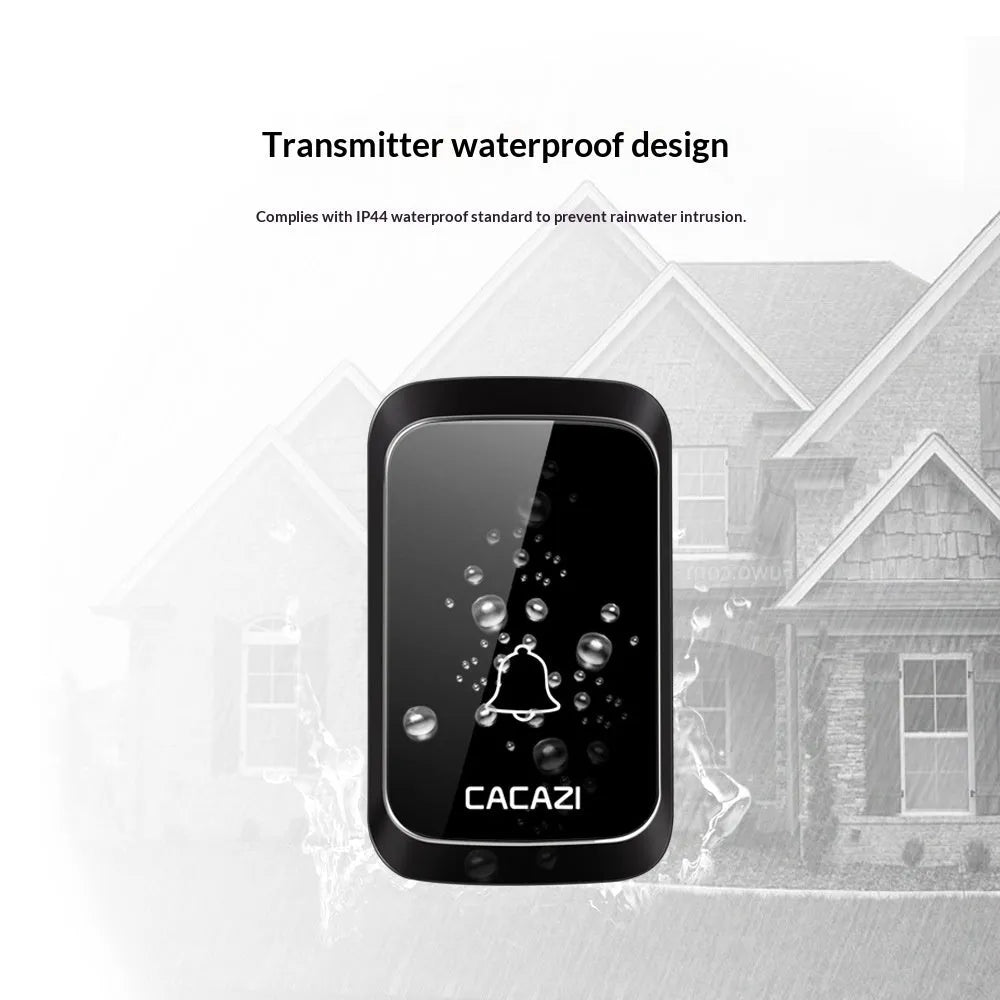 Wireless battery-powered DC doorbell with black transmitter and receiver for outdoor use 300 metre range