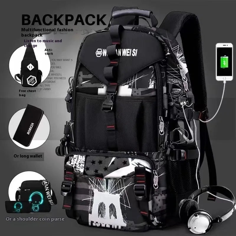 Men's large black waterproof Oxford cloth hiking backpack with padded straps and multiple compartments.
