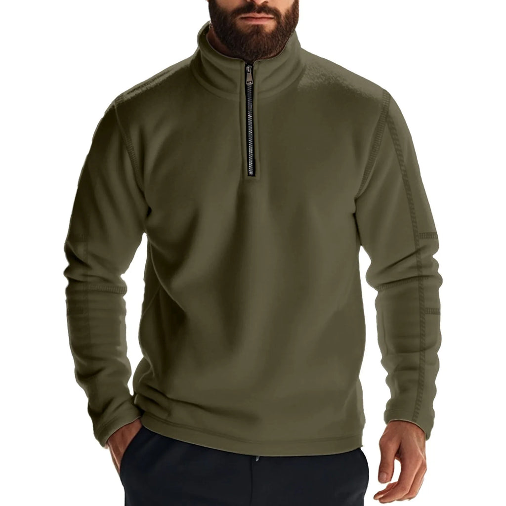Men's fleece lined solid colour long sleeve pullover sweatshirt in light blue, front view, loose fit for casual winter wear