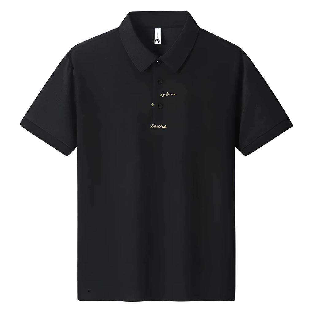 Men's loose-fitting short sleeve cotton T-shirt in six colour options on a size chart background.