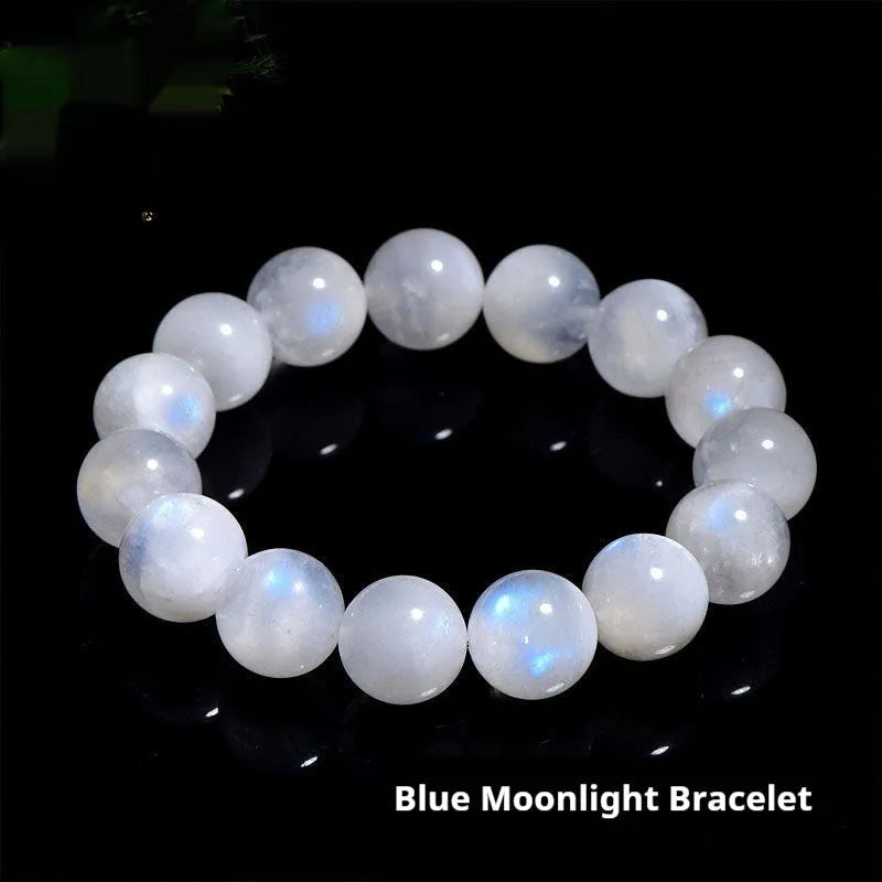 Natural blue moonlight round bead bracelet made from polished moonstone beads in geometric design