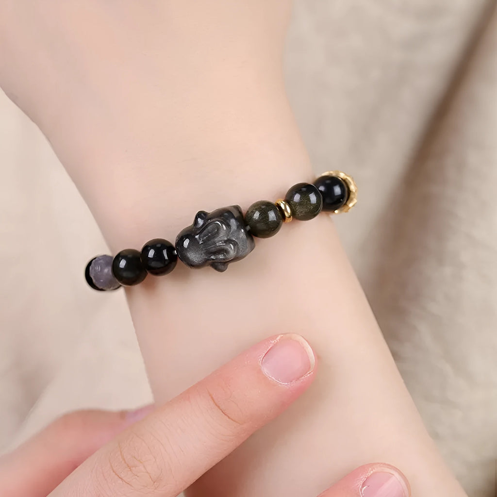 Handmade Chinese national style obsidian bracelet with lying rabbit pendant and mixed material beads