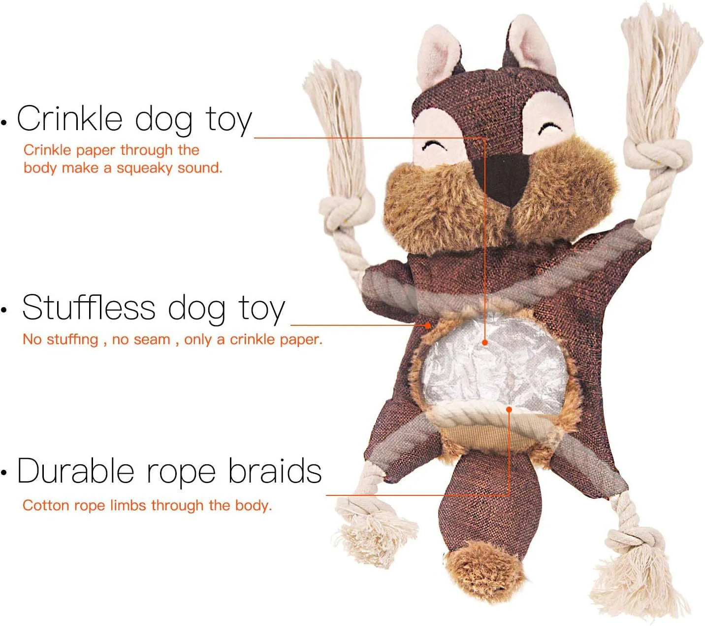 Brown fox plush dog toy with embroidered eyes, cotton rope arms and legs with knots