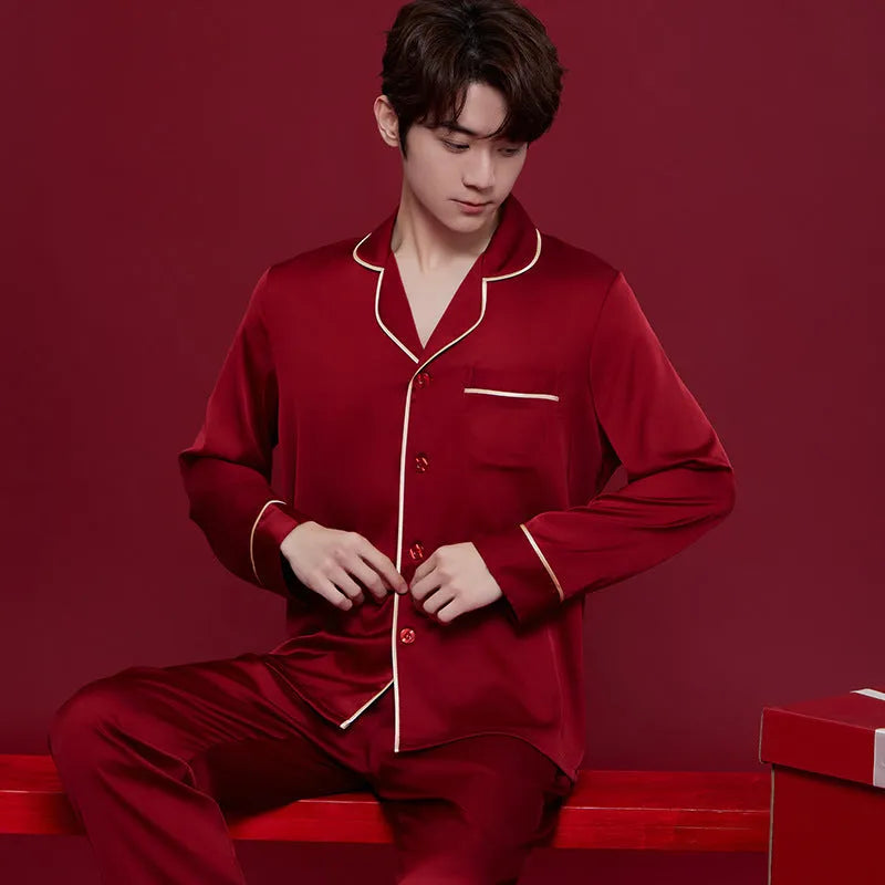 Red polyester lounge suit set for men and women with long sleeves and trousers