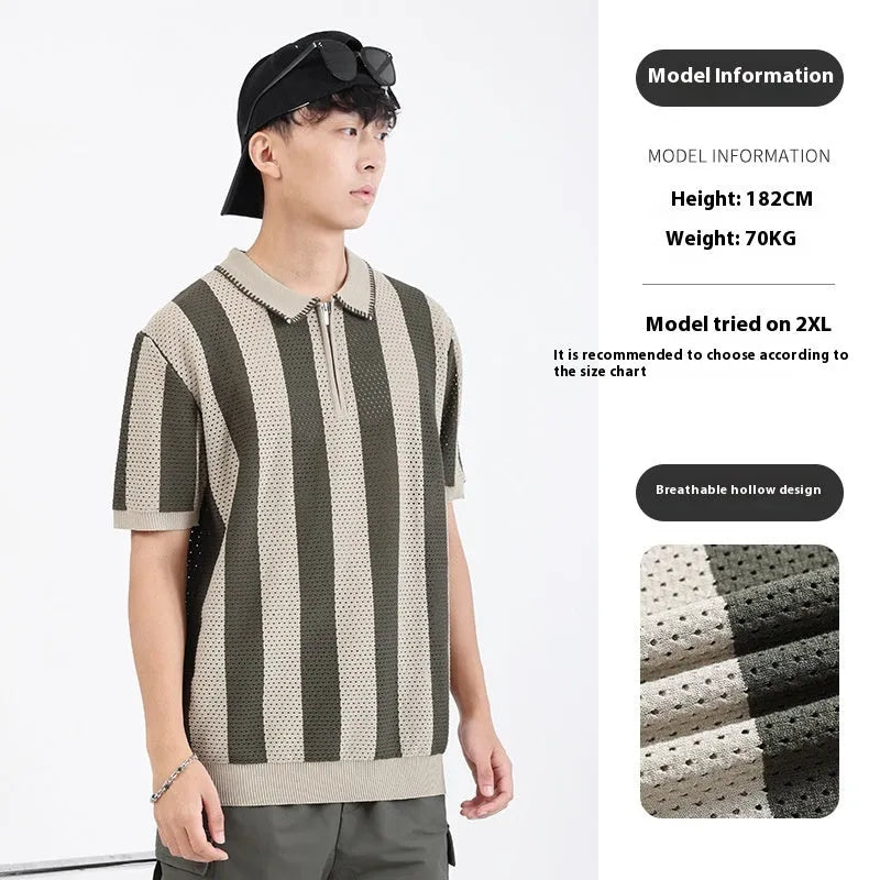Men's black and white striped short sleeve summer sweater with zipper decoration detail