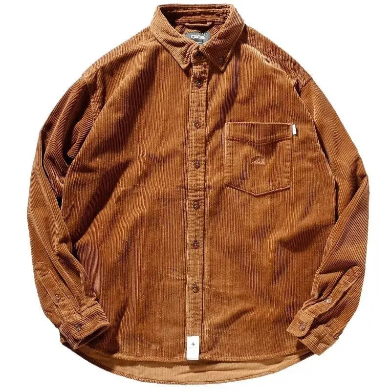 Men's caramel corduroy loose fit cardigan-style long sleeve shirt shown on hanger