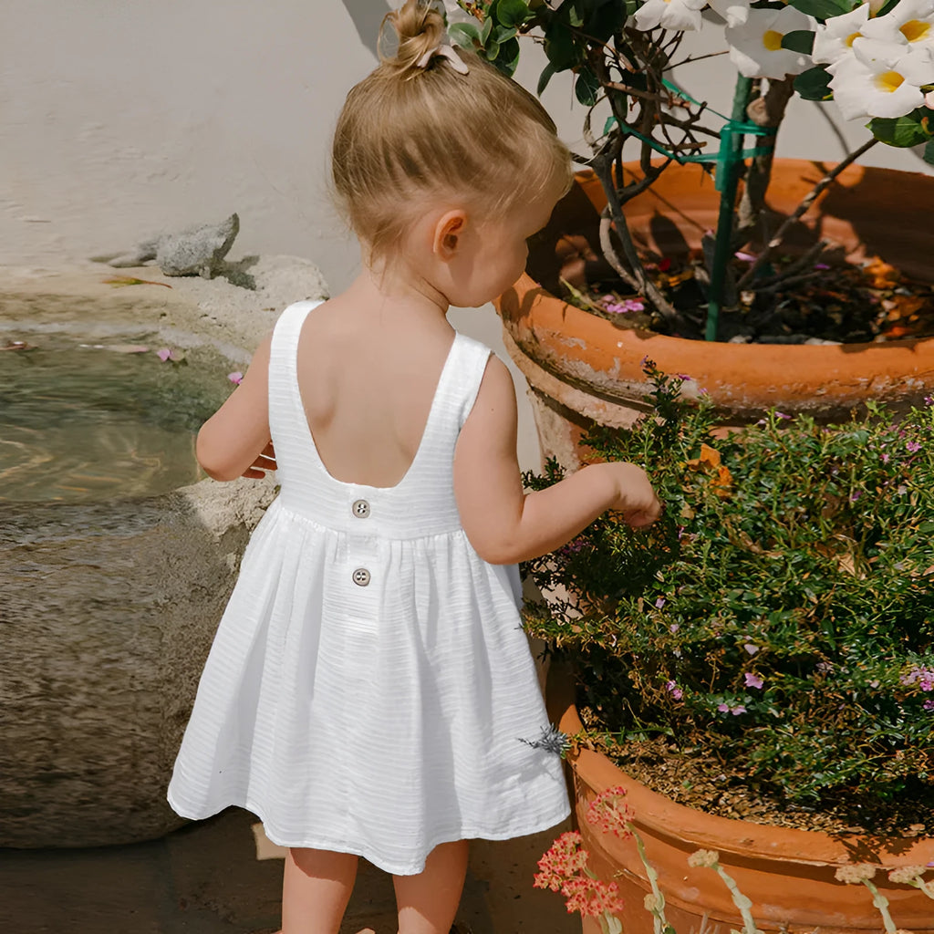 Girls cotton sleeveless dress solid colour princess style blue white 90-130cm