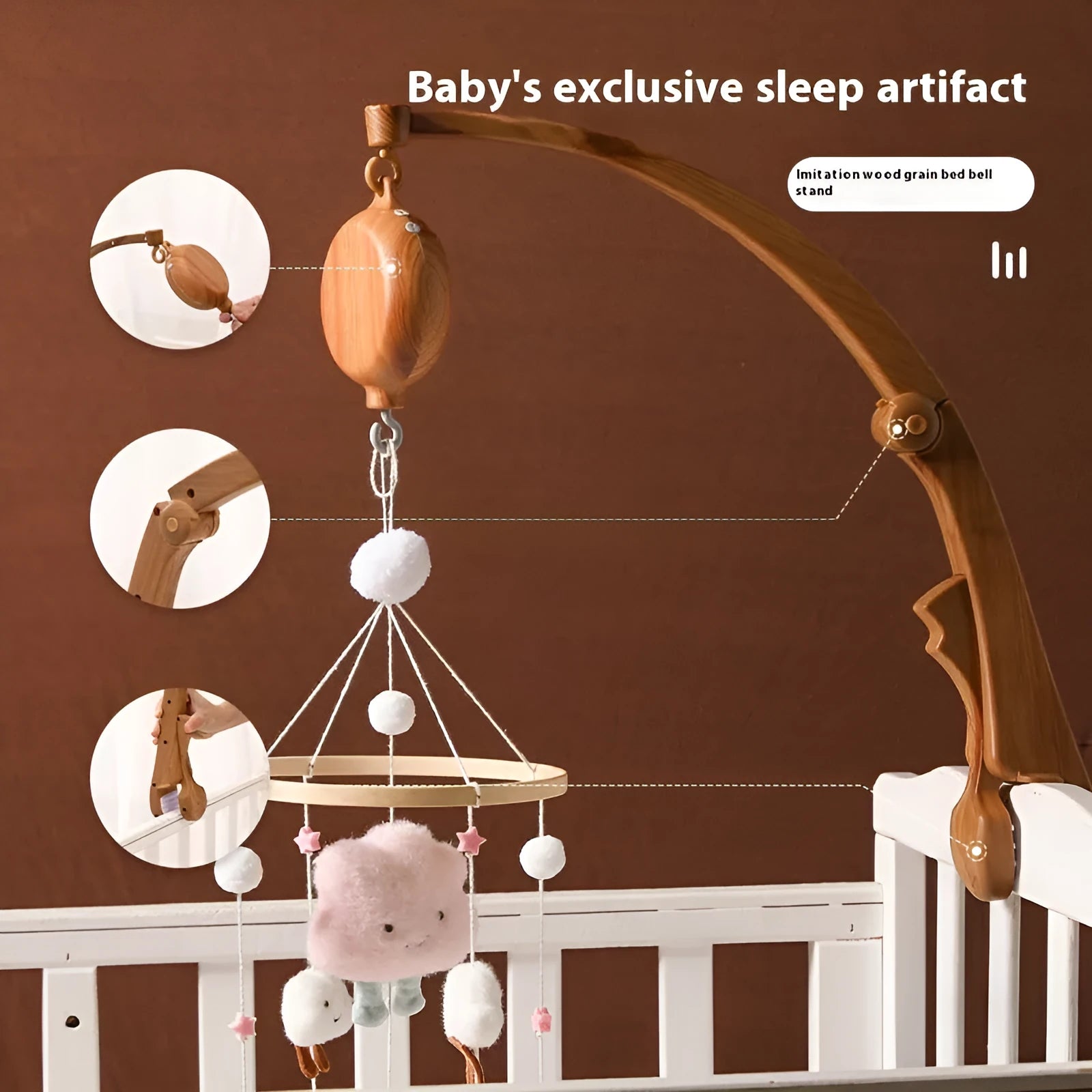 Newborn wood grain bracket music box bed bell in brown, foldable plastic, for infant cot use