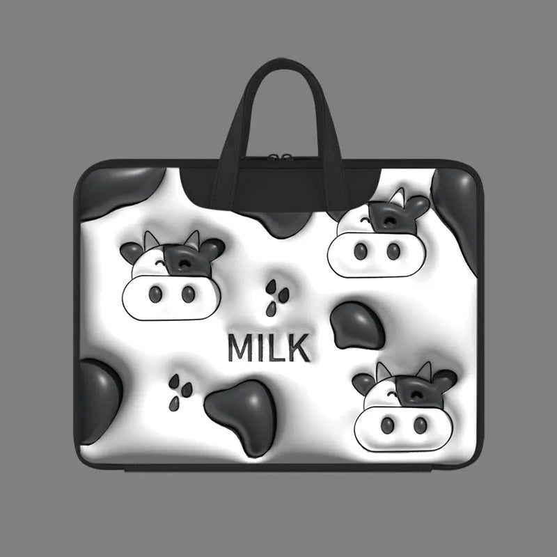 Inflatable grey laptop bag with a cute panda design, showing the inflation valve and back strap for attaching to suitcase handle.