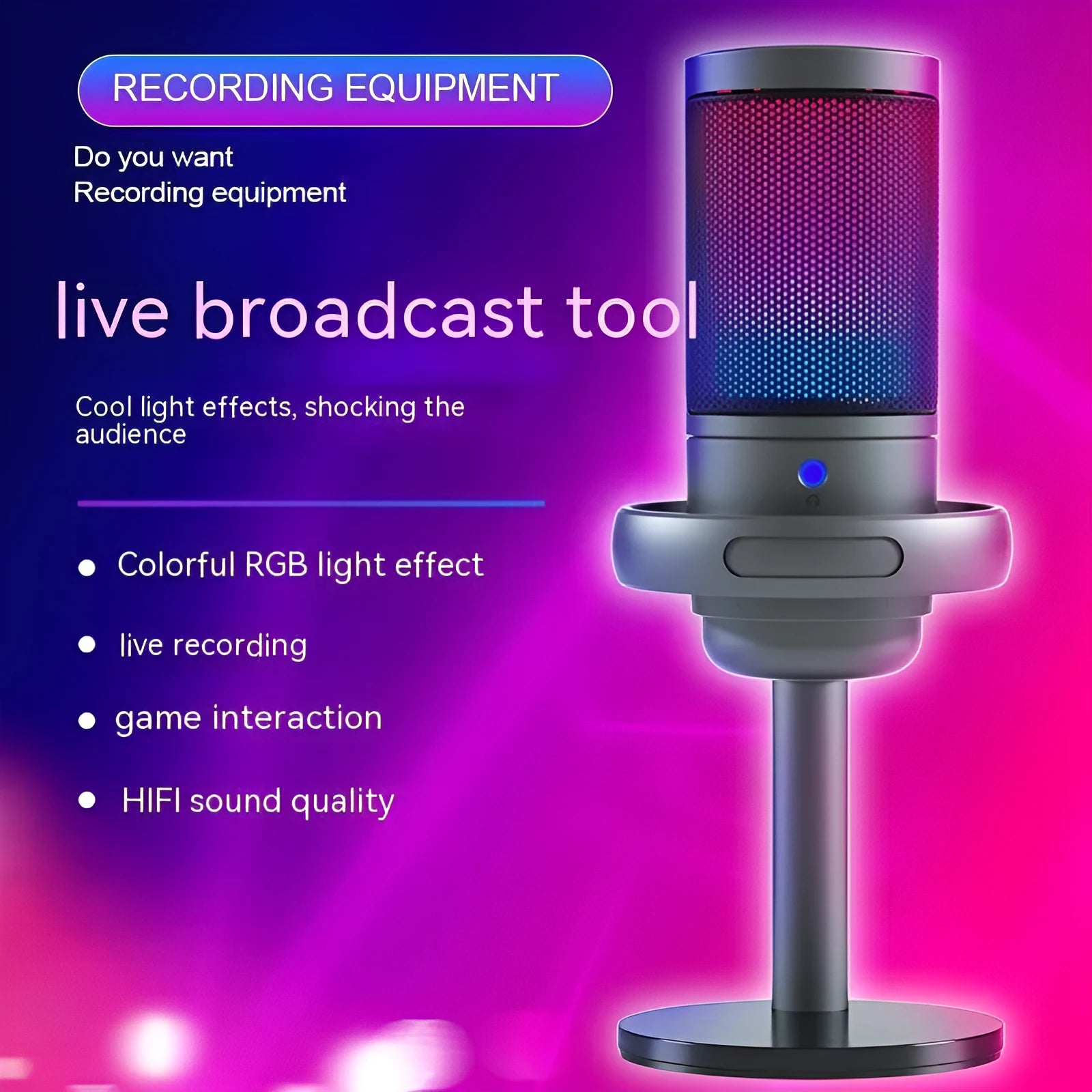 RGB condenser USB microphone for streaming in black, white or pink with 150cm cable