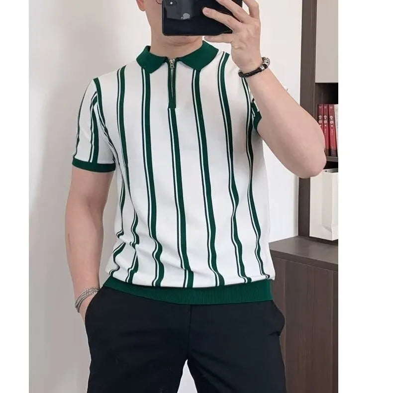 Korean style vintage stripe men's casual t-shirt with front zipper detail in black
