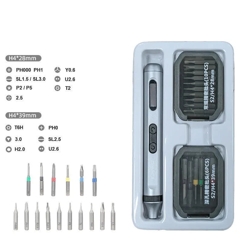 Precision electric screwdriver with aluminium handle showing scale against a ruler