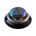 Solar-powered kinetic car air freshener with rotating double rings in black plastic with wood slice accents