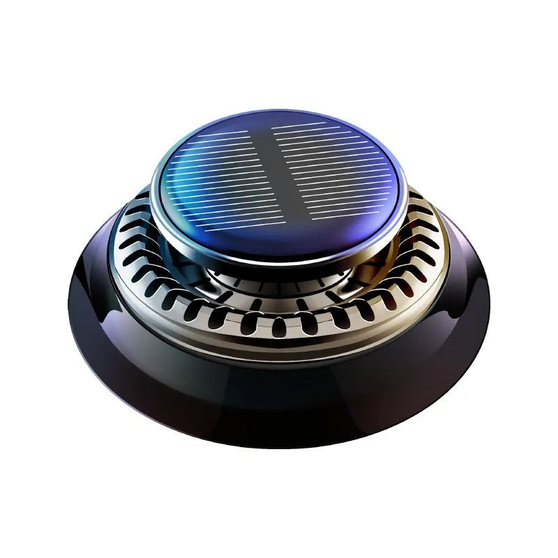 Solar-powered kinetic car air freshener with rotating double rings in black plastic with wood slice accents