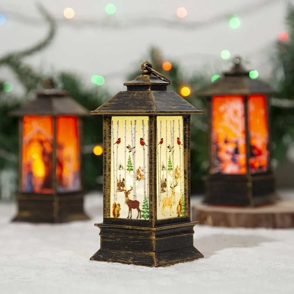 Christmas portable oil lamp with Santa Claus design, plastic construction, battery powered LED light for indoor outdoor hanging decoration