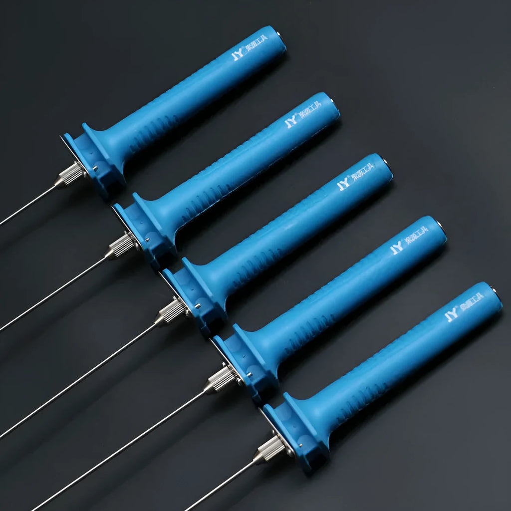 Blue electric heating foam cutter pen with plastic handle and long metal blade on a workbench.