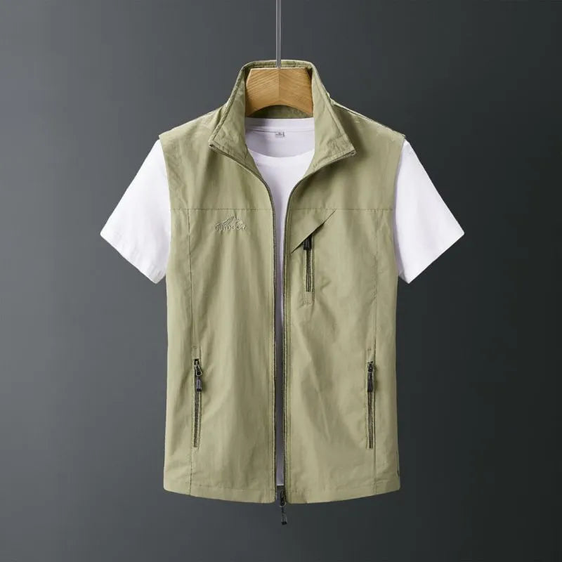 Man wearing a slim-fit army green rabbit fur waistcoat vest with a hood.