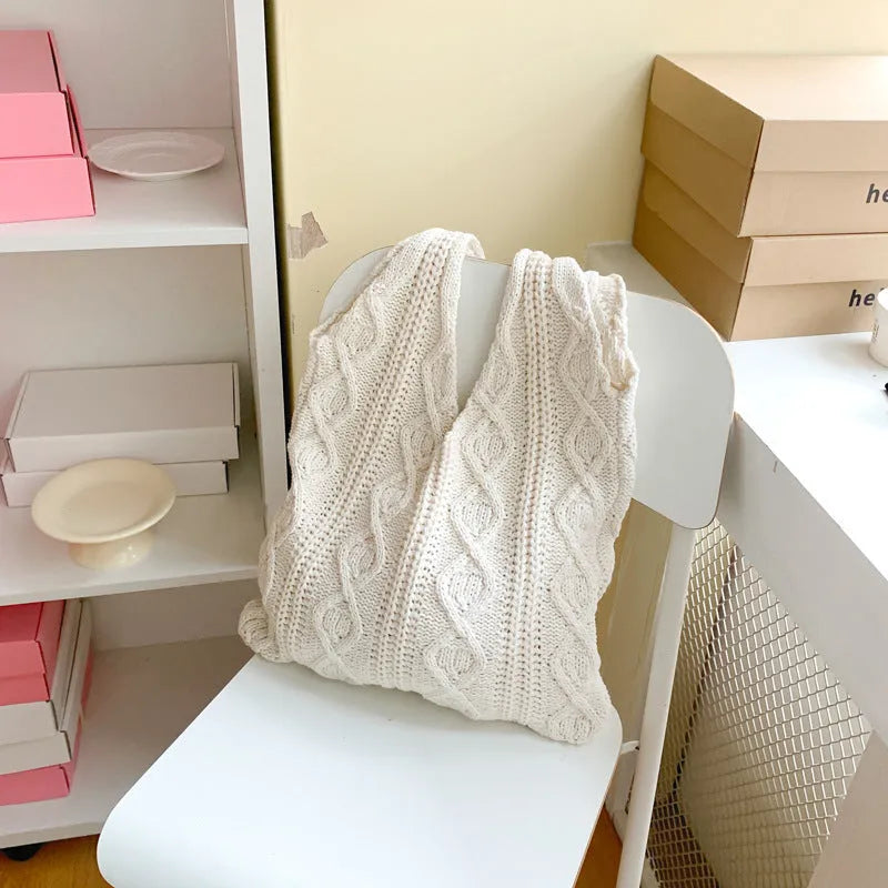 Retro woven shoulder tote bag with hollow knit design in solid colour with double straps