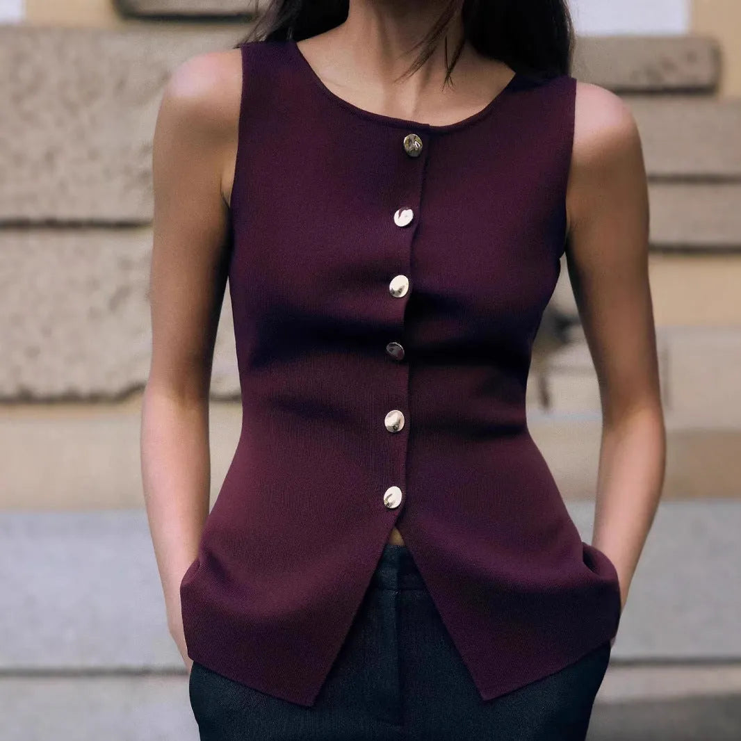 Women's dark red slim-fit sleeveless sweater vest with gold buttons and a 3D pattern on the fabric.