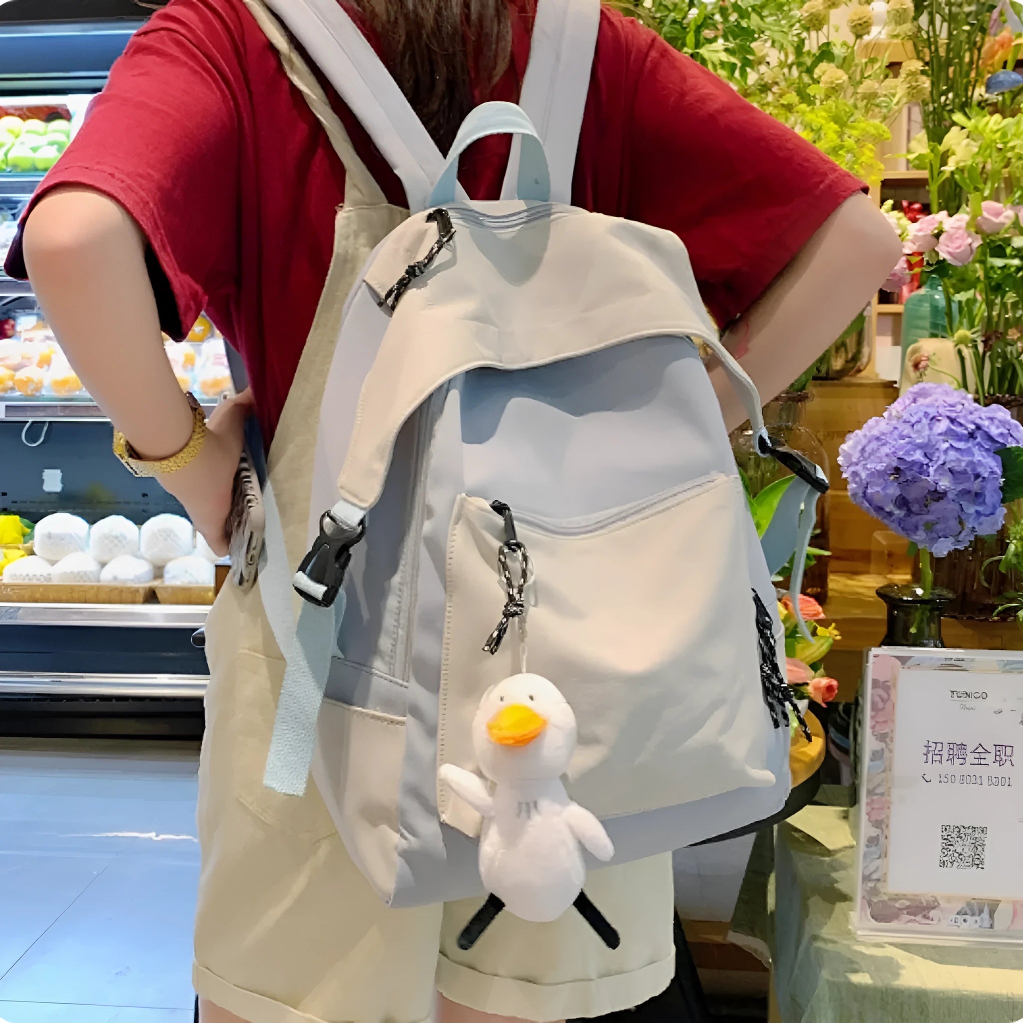 Nylon large capacity schoolbag for female college students Harajuku style vertical square 28x45x13cm black colour with pendant