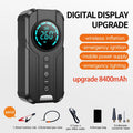 Black wireless portable car air pump with LCD screen, 6000mAh battery, and multiple inflation nozzles on a grey background
