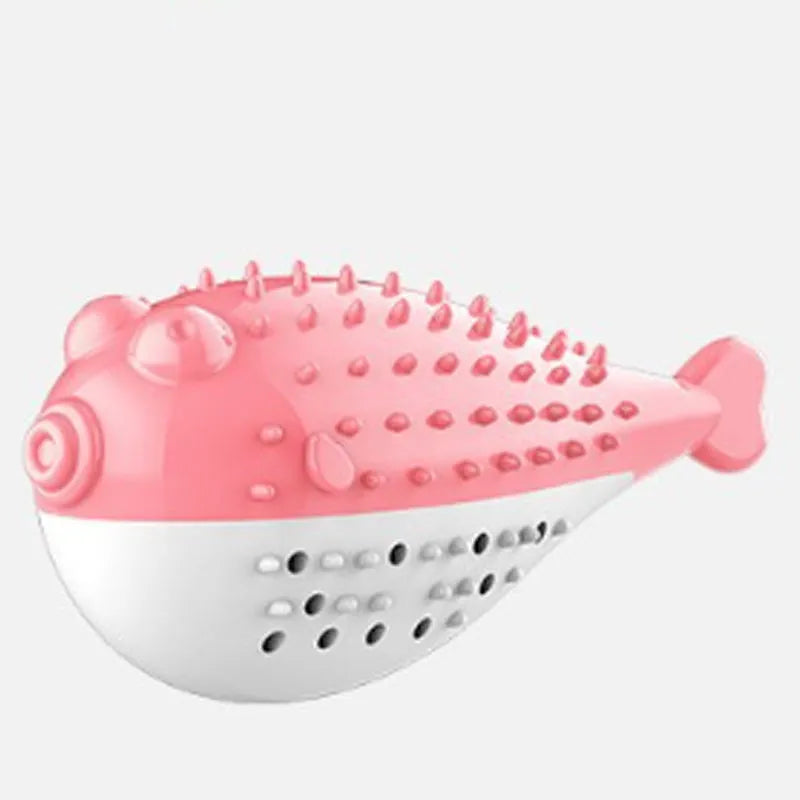 Blue silicone fish-shaped cat chew toy with measurements showing 12.2 cm length