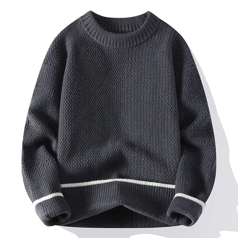 Men's grey chemical fibre blending sweater with round neck and long sleeves in loose fit