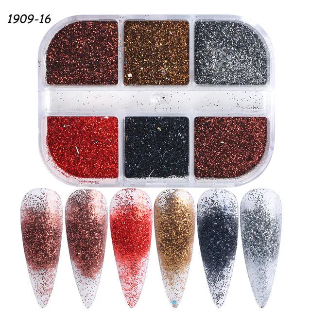 Gold and silver laser irregular nail glitter sequins in 8g box with six-grid compartments