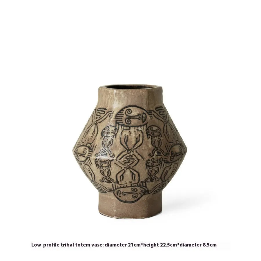 Hand-painted cylindrical ceramic vase with vintage carved tribal totem flower art.
