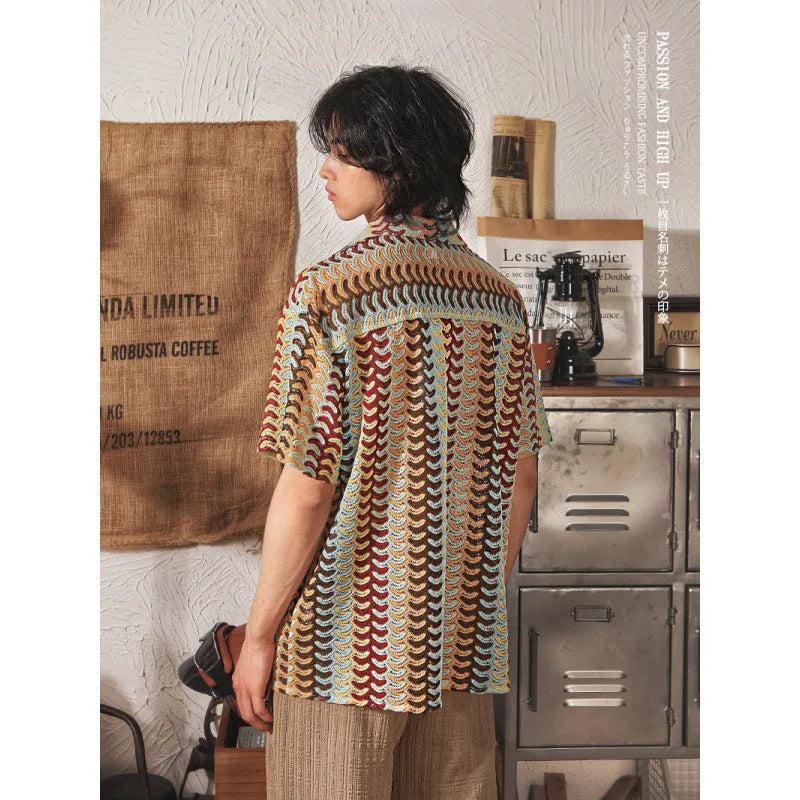 Grey Japanese style men's shirt with Cuban collar, jacquard texture, and short sleeves.