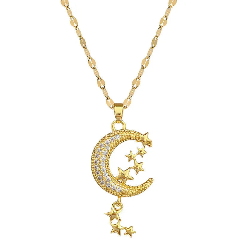 A218 stainless steel necklace with copper geometric moon pendant and diamond detailing