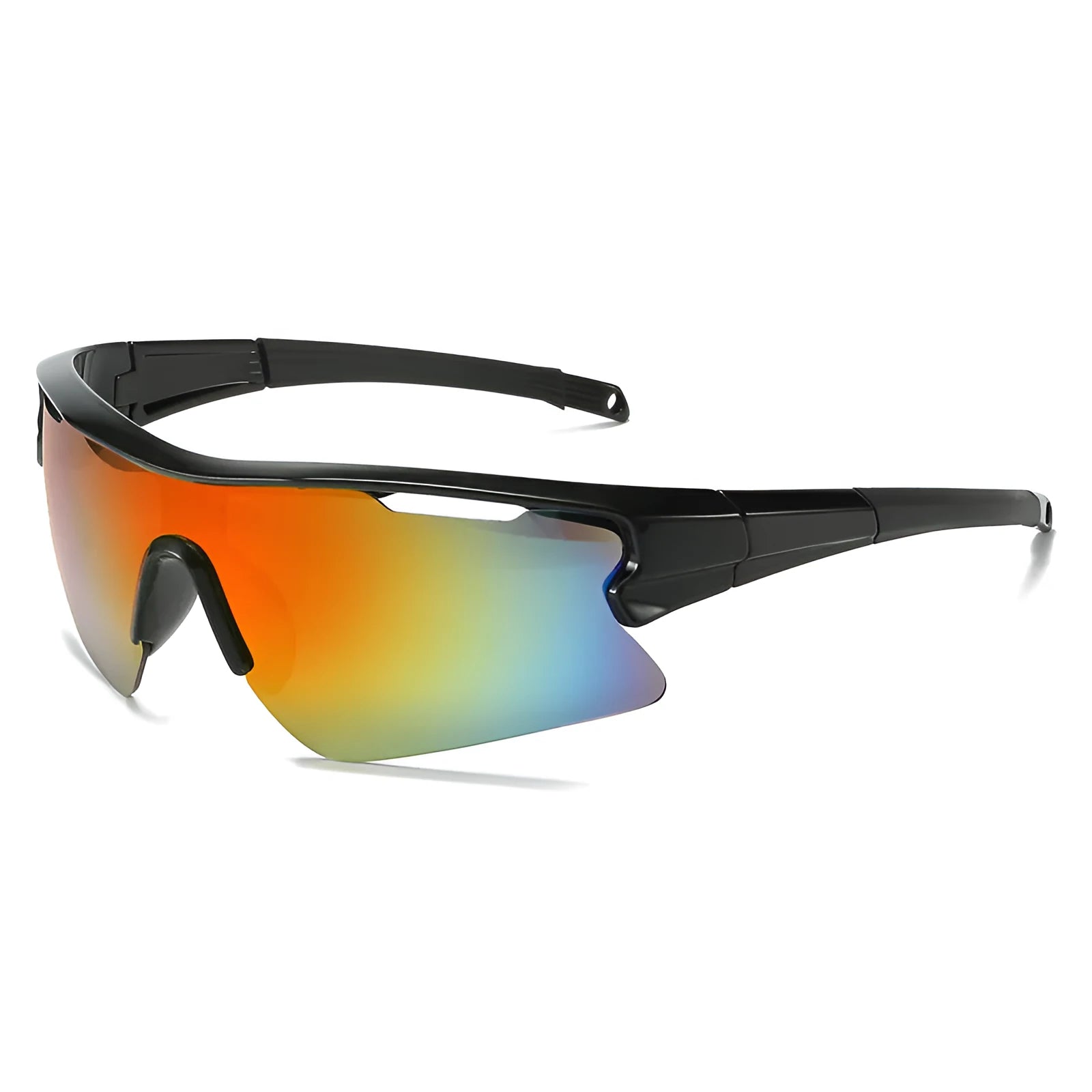 Windproof sports cycling sunglasses in black frame with grey lens on outdoor background.