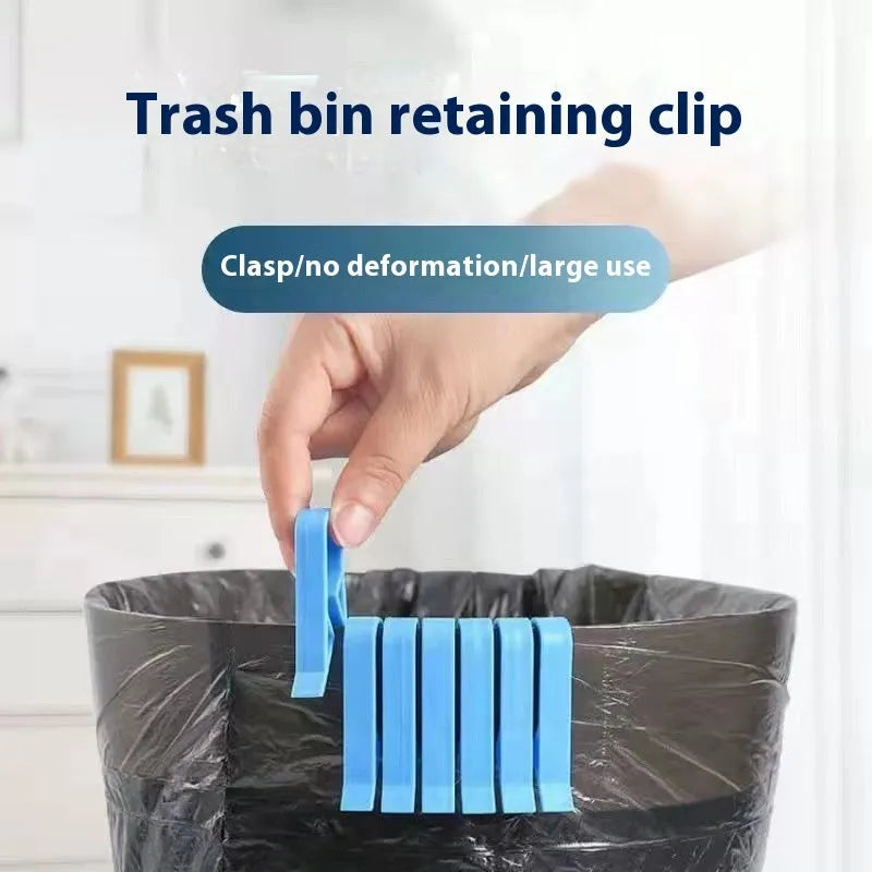 White PP plastic side-fixed clip for holding a bin bag on a trash can rim.